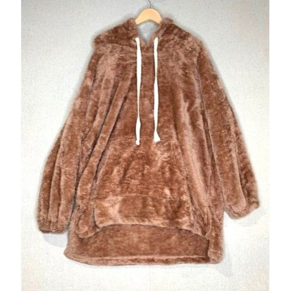 Zenana Outfitters Women's Faux Fur Hooded Pullover‎ Coat 1X Kangaroo Pocket
